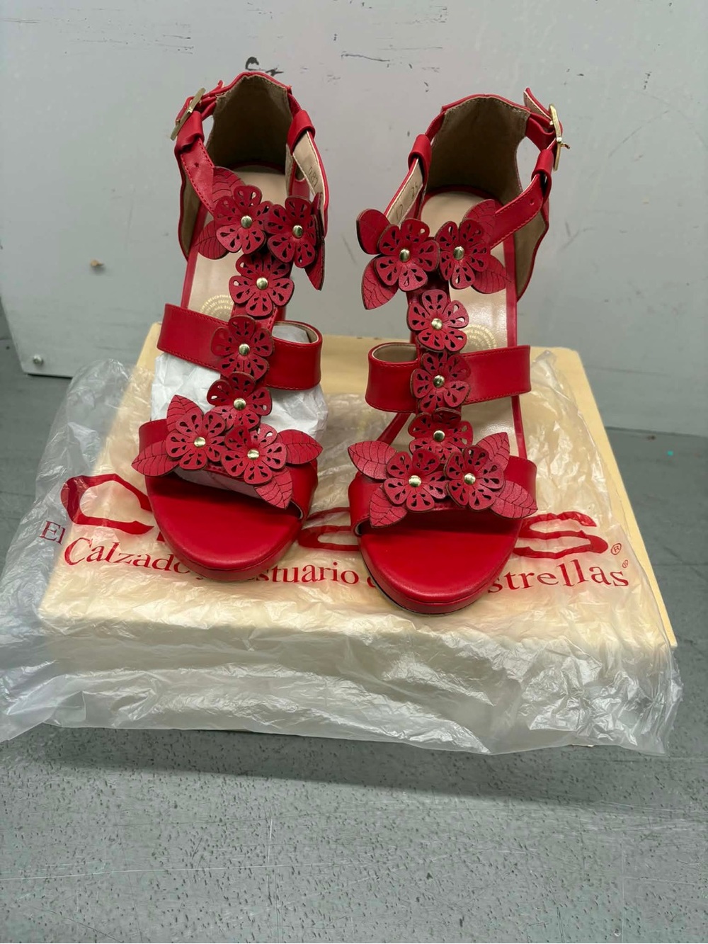 Red Floral T-Strap Women’s Sandals